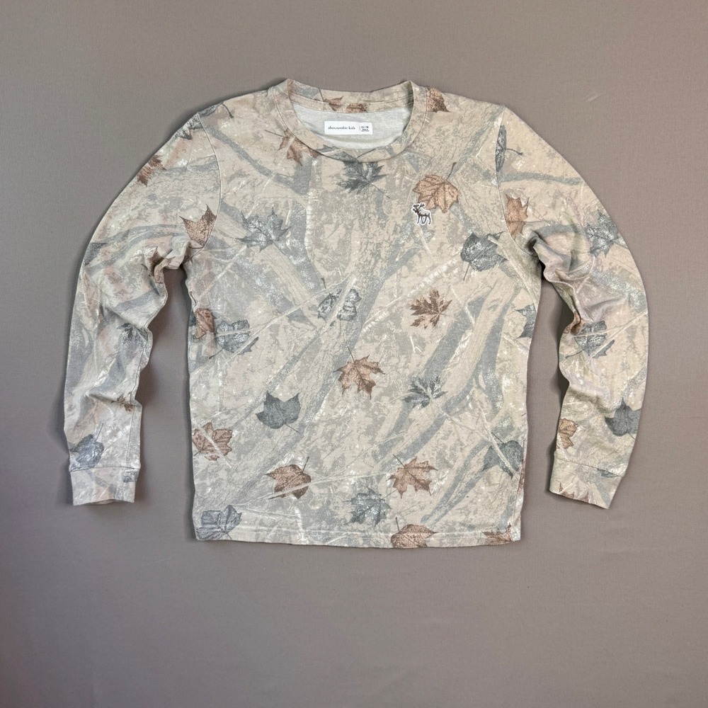 Abercrombie Kids Boys Camo Leaf Print Long Sleeve Shirt Size 13/14 Tan Grey